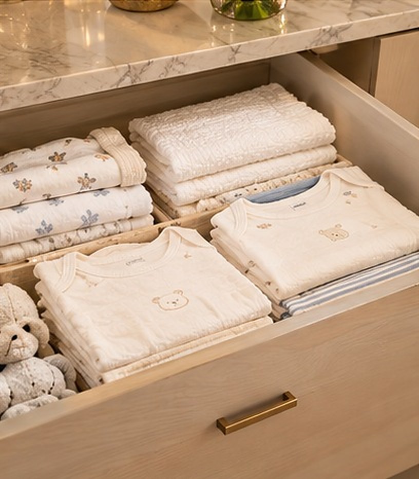 An open drawer of neatly folded baby bodysuits, muslins and soft toys beneath a marble counter
