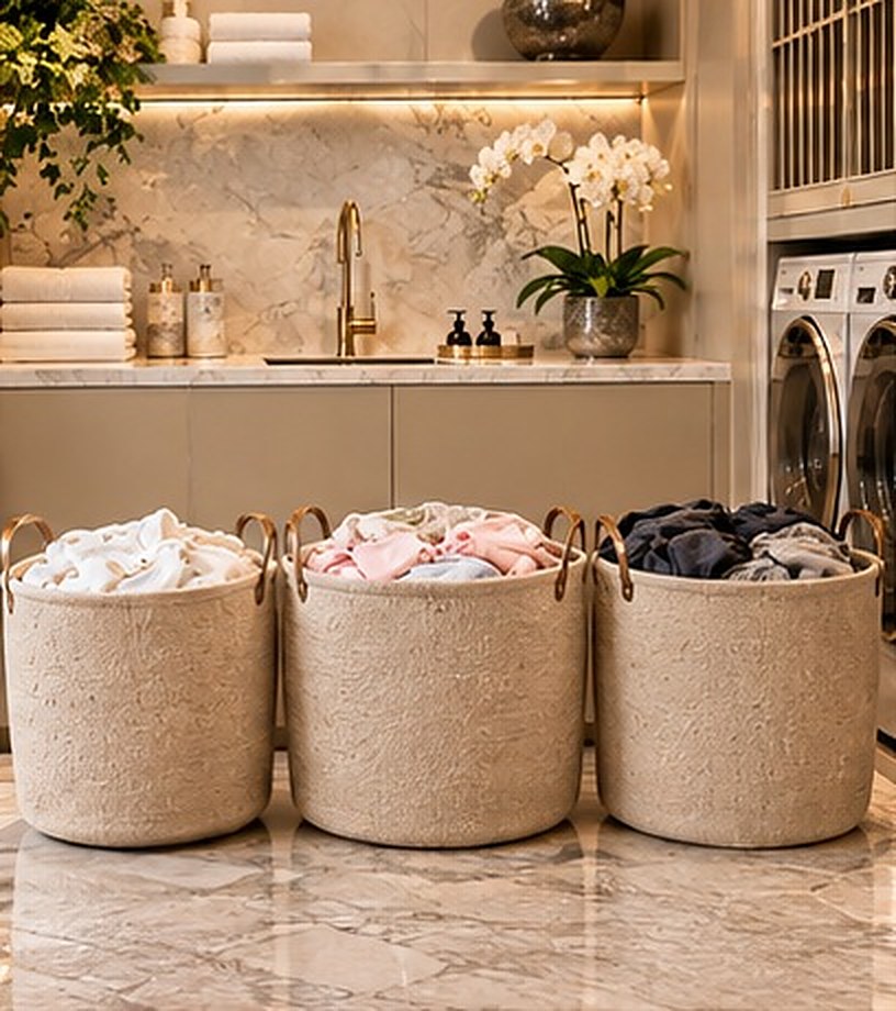A luxury laundry room with a marble splashback, brass tap and three baskets of baby clothes beside washing machines