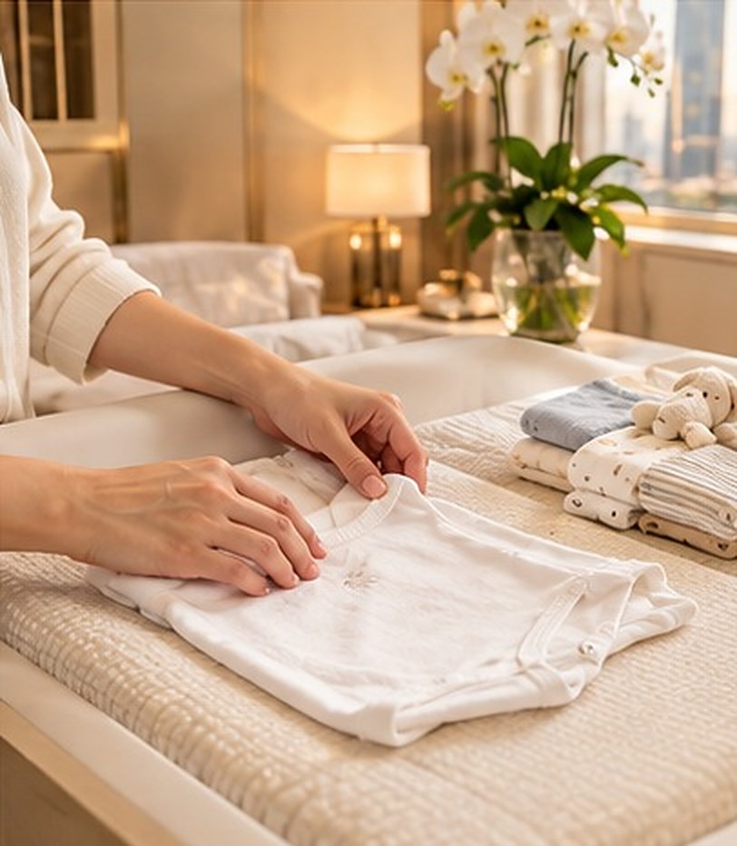 A woman in cream folding a white baby bodysuit on a changing mat in a nursery with orchids and the Singapore skyline beyond