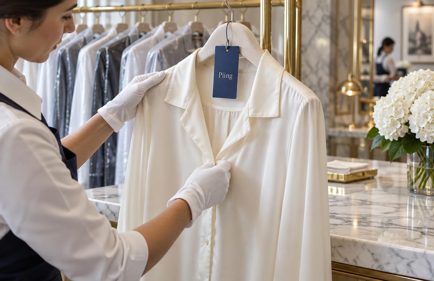 Expert hands in white gloves inspecting a luxurious silk blouse in an upscale dry cleaning atelier