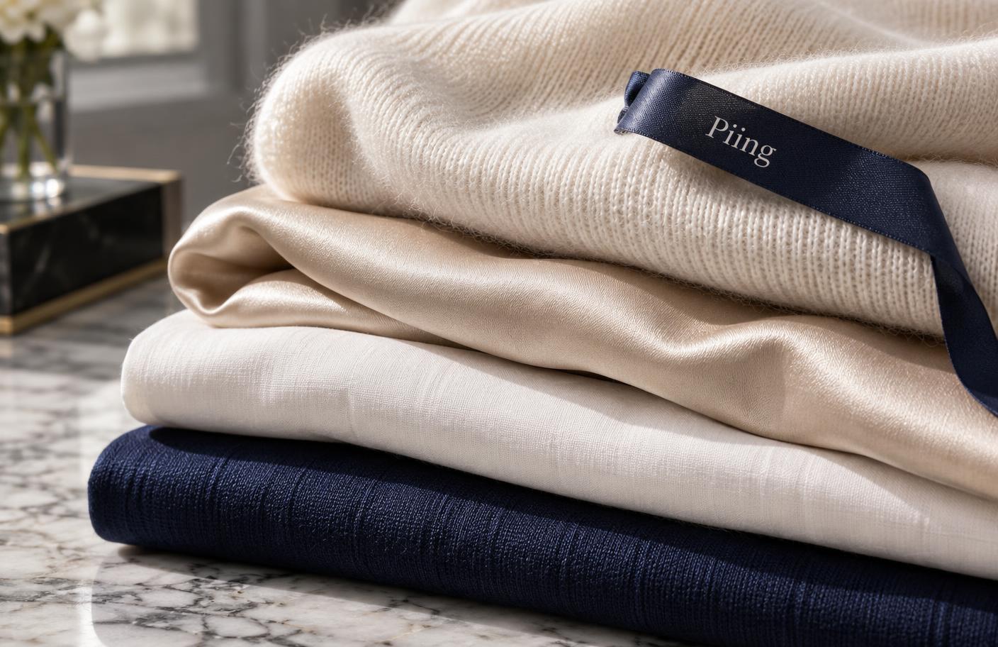 A stack of fine cashmere, silk and cotton fabrics with a Piing ribbon tag, showing the textures premium care protects