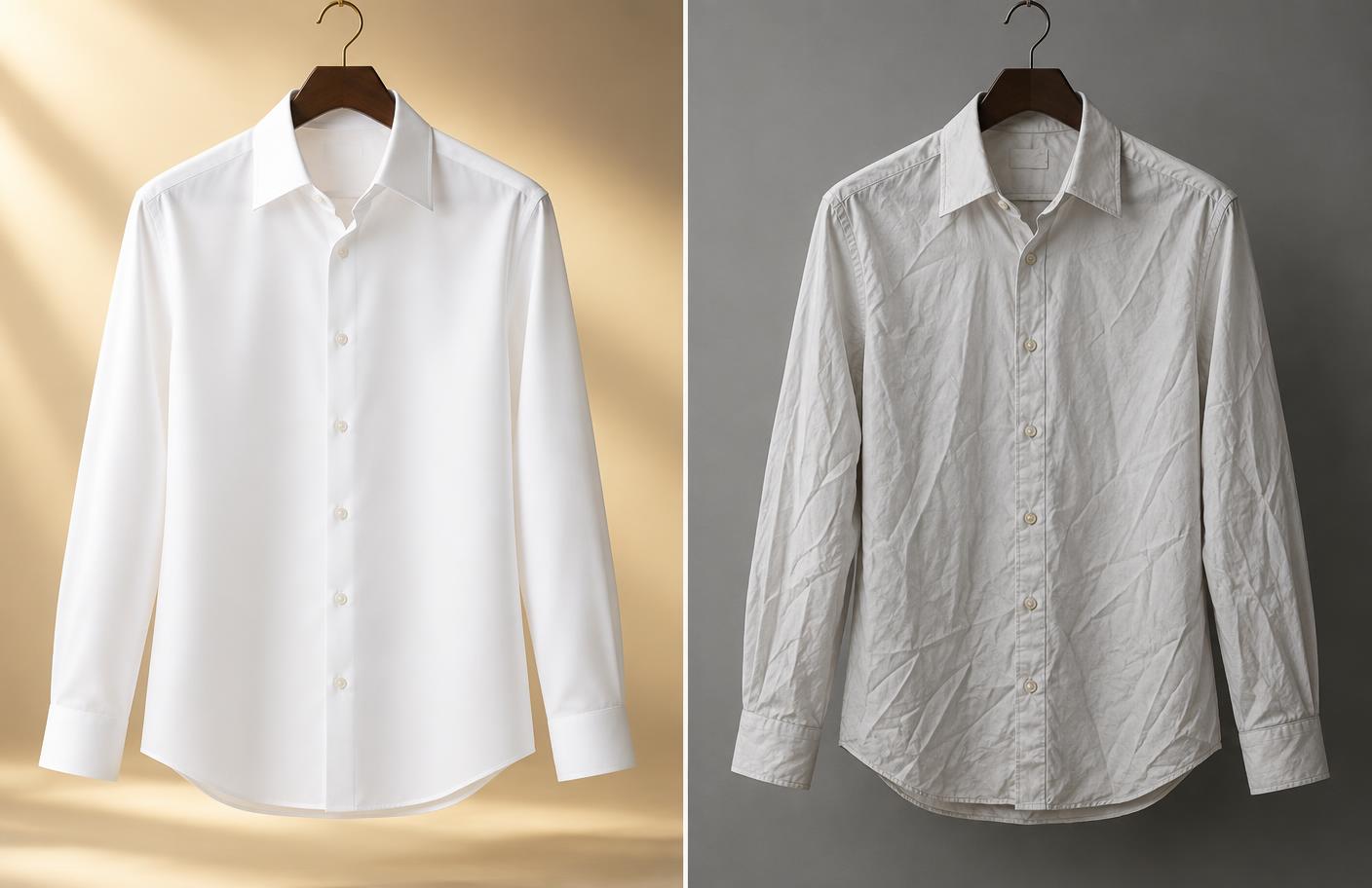 Split comparison of a crisp professionally dry-cleaned white shirt versus a dull wrinkled home-laundered shirt