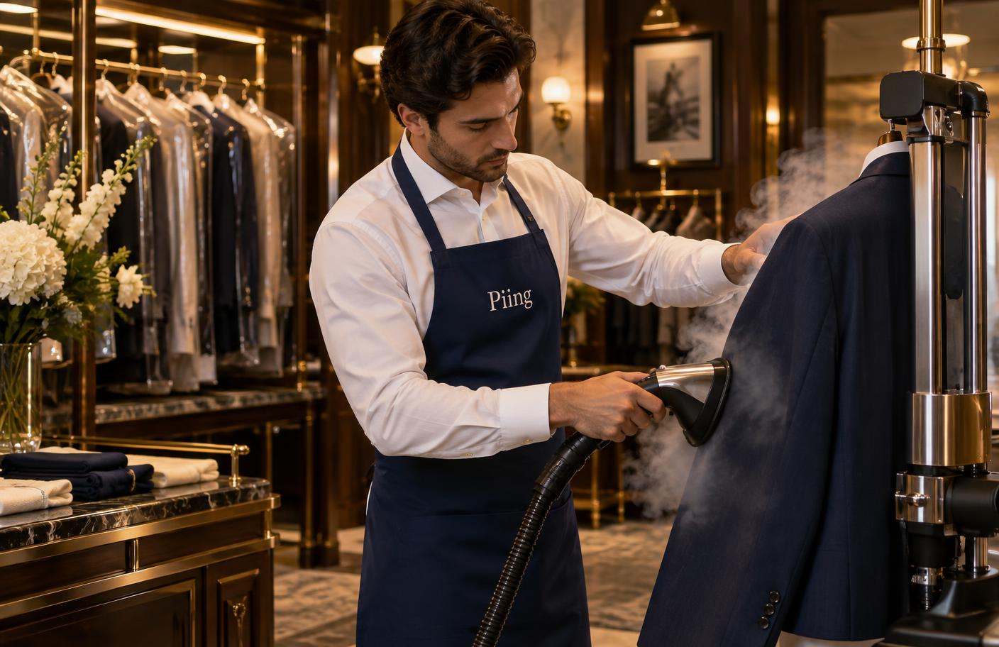 A professional presser steam-finishing a tailored jacket on a pressing machine in a premium dry cleaning facility