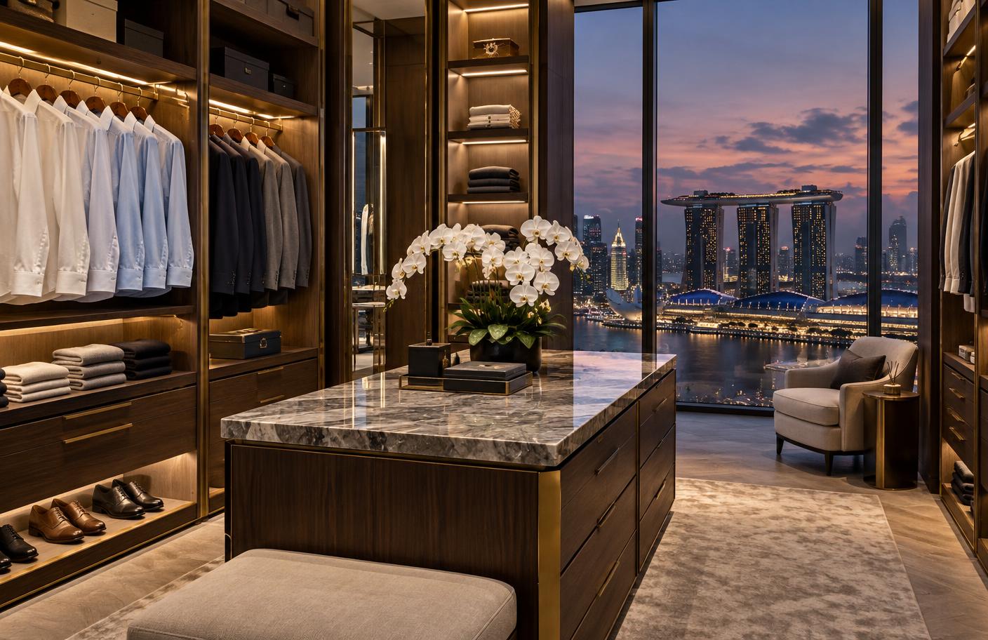 An immaculate luxury walk-in wardrobe with pressed shirts, suits and folded knitwear overlooking the Singapore skyline