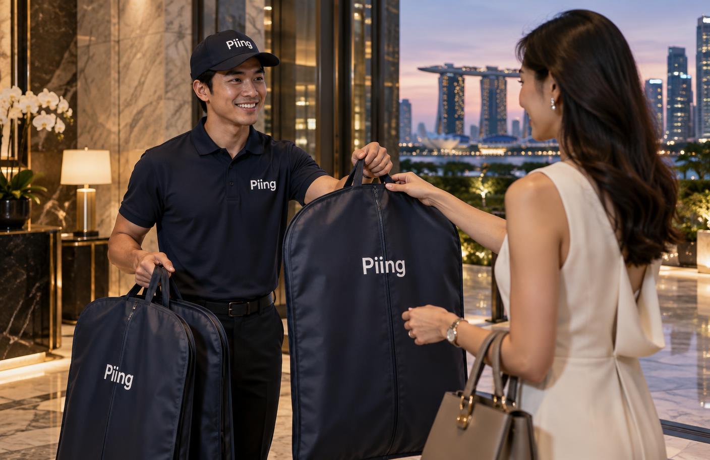 A uniformed courier delivering premium garment bags to a resident at a luxury Singapore condominium