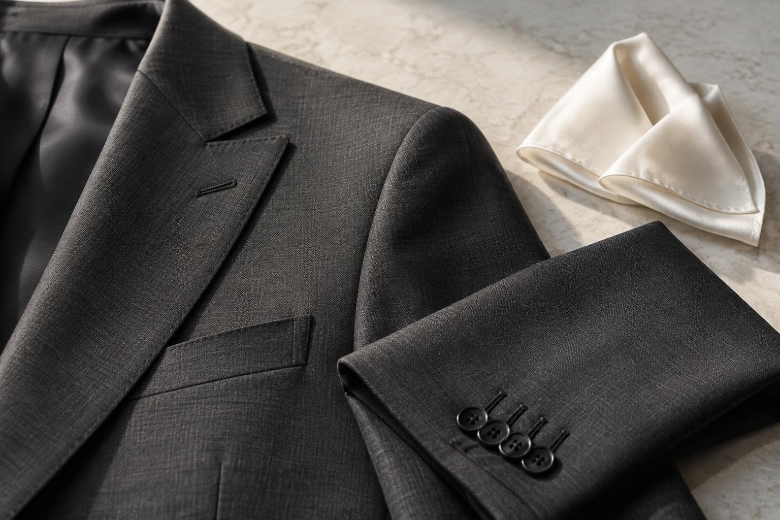 Close-up of a fine wool suit lapel, precise stitching and an ivory silk pocket square