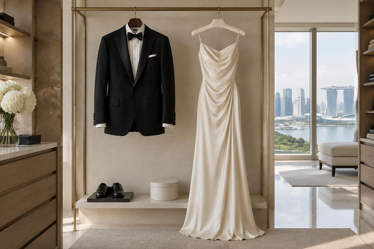 A black tuxedo and ivory evening dress stored with ample space in an elegant Singapore wardrobe