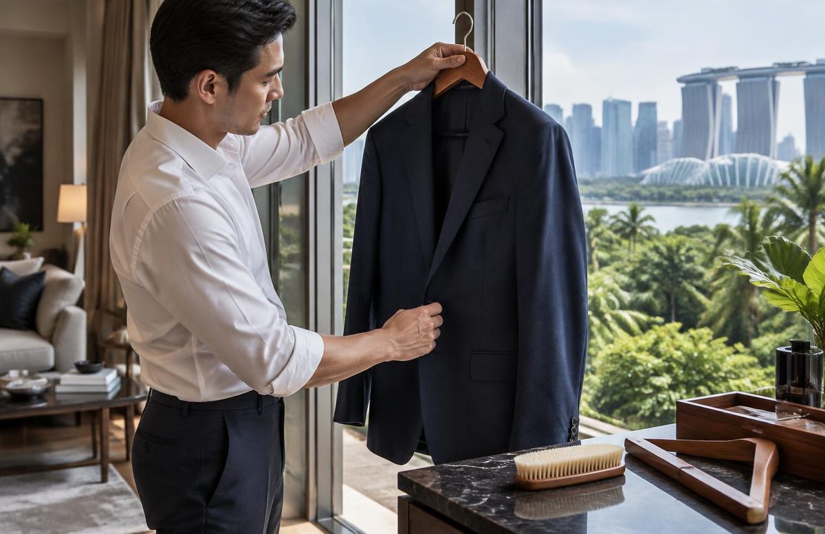Man checking a navy blazer on a hanger before deciding whether it needs washing