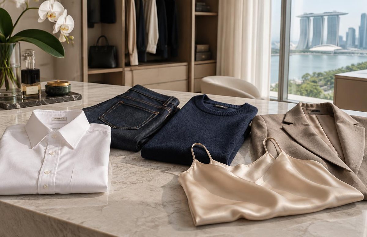 Folded shirt, jeans and jumper laid out neatly, fully dry before storage