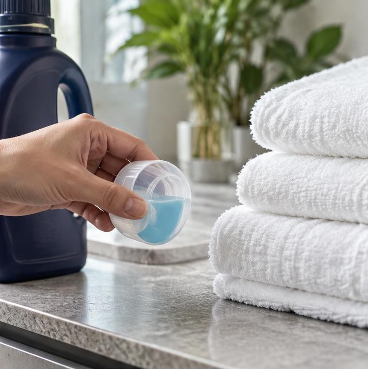 A measured dose of detergent beside a crisp white shirt on a marble laundry counter