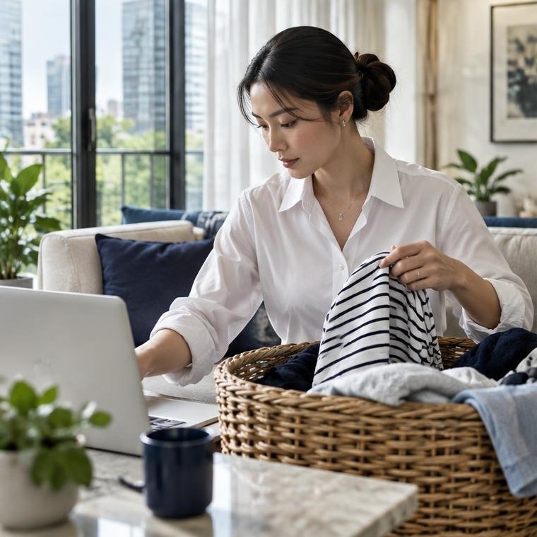 A woman sorting laundry from a wicker basket while working on her laptop at home