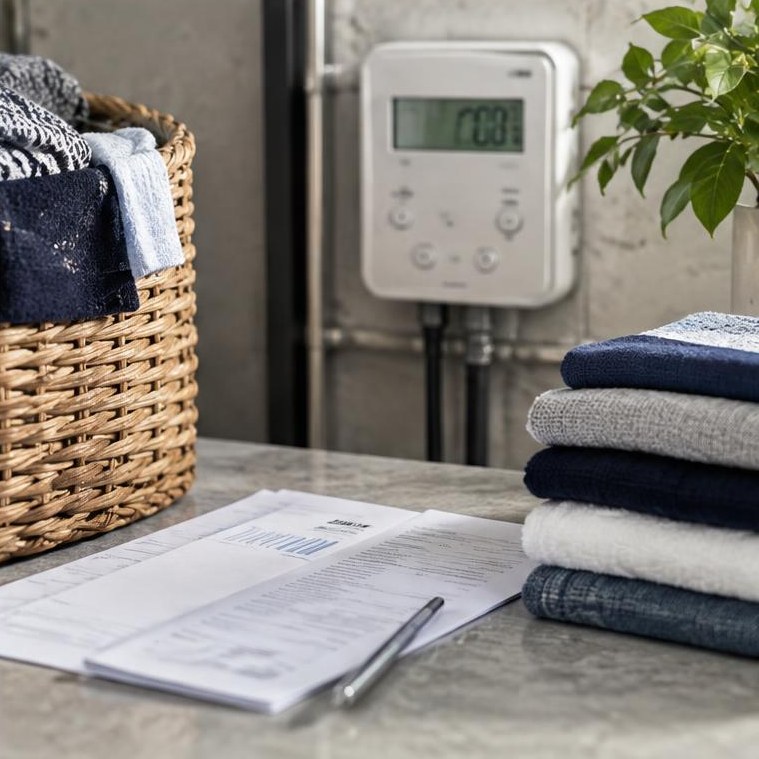 A homeowner reviewing a laundry energy-use dashboard beside a washing machine
