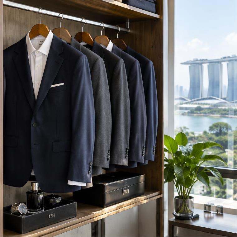 Navy and grey tailored jackets hanging in a wardrobe overlooking the Singapore skyline