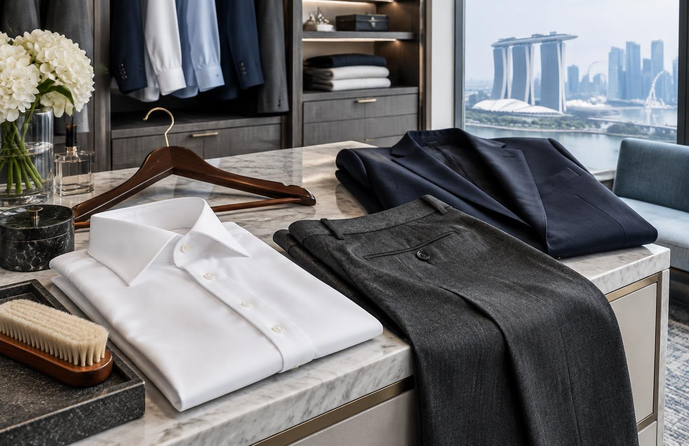 Carefully folded white shirt, wool trousers and tailored navy jacket