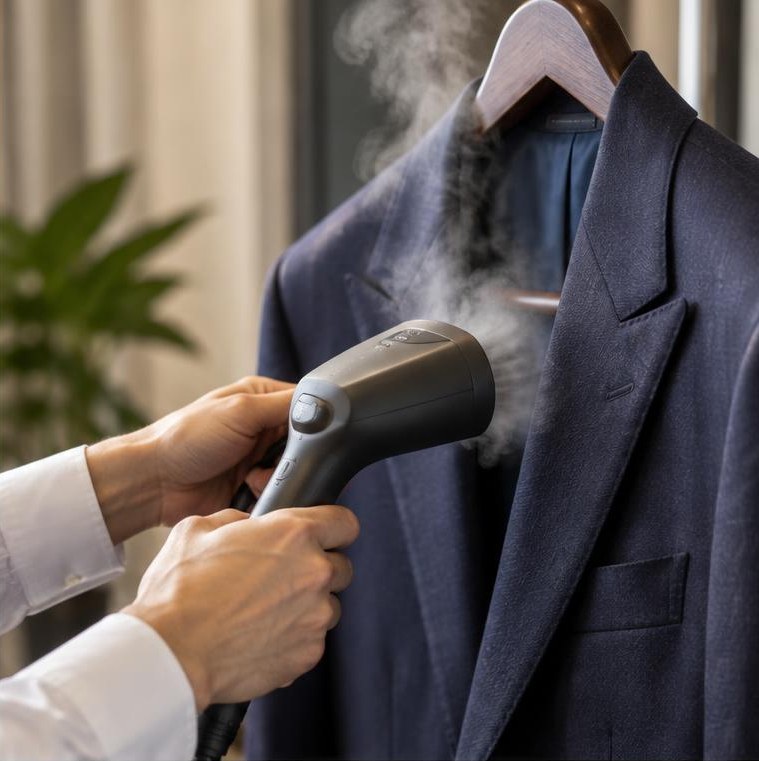 Gentle garment steaming of a navy tailored jacket on a wooden hanger