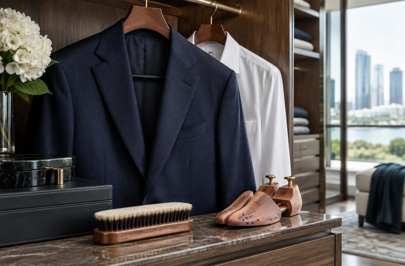 Tailored navy blazer and white shirt with a soft garment brush and wooden hanger