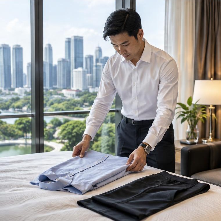 A man carefully folding a pressed light blue shirt and dark trousers on a bed