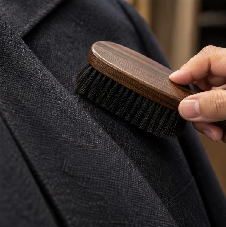 A soft wooden garment brush lifting dust from a navy wool jacket