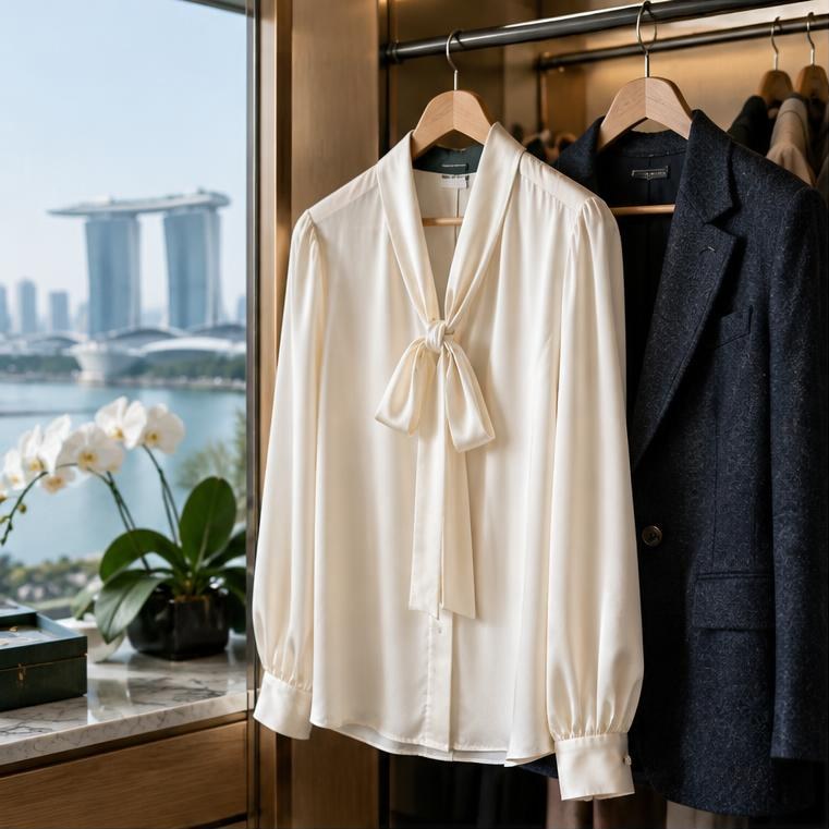 A cream silk blouse and a tailored wool jacket hanging in a wardrobe overlooking the Singapore skyline