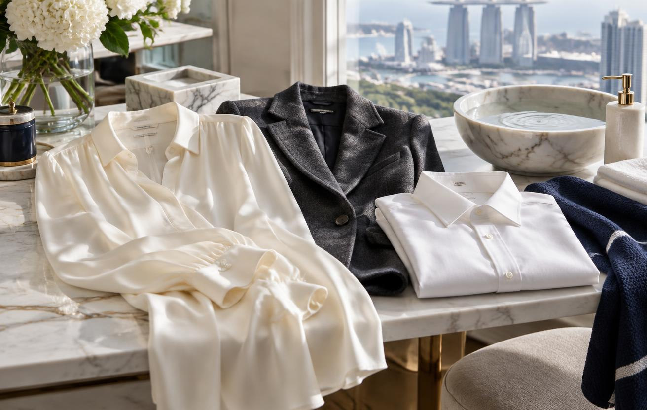 Silk blouse, tailored wool jacket and cotton shirt arranged for a considered care decision