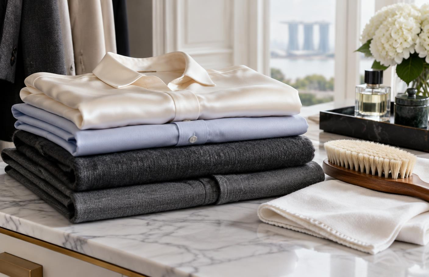 Fine silk, cotton and cashmere pieces with a soft garment brush in a bright dressing room