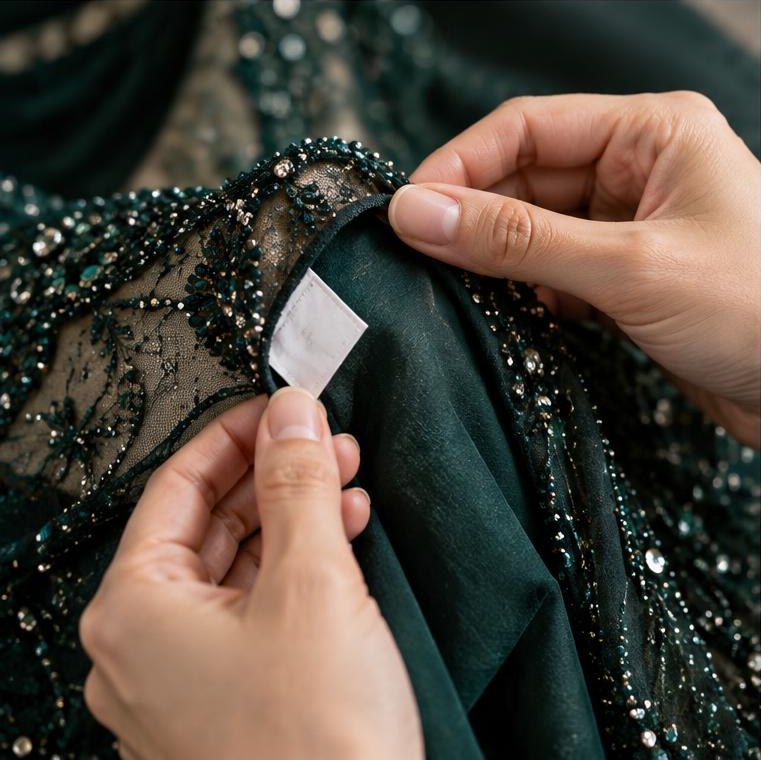 Hands checking the care label on a beaded, embellished dark green garment