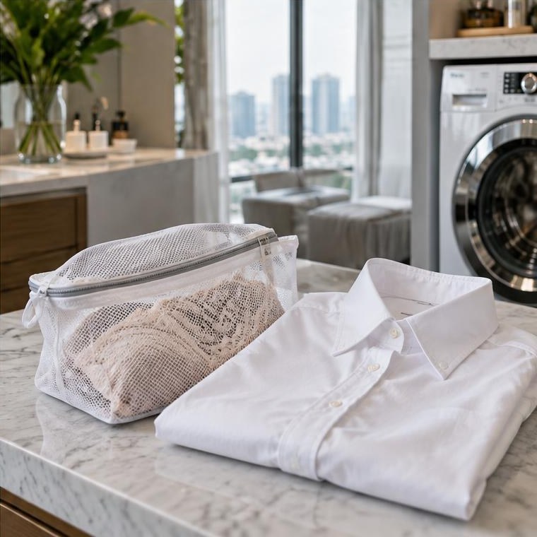 A white cotton shirt beside a mesh wash bag holding delicate lace