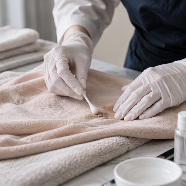 Gloved hands gently dabbing a mark on a soft knit with a cotton swab