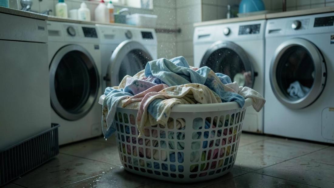An overloaded laundry basket of damp clothes waiting too long to be dried.