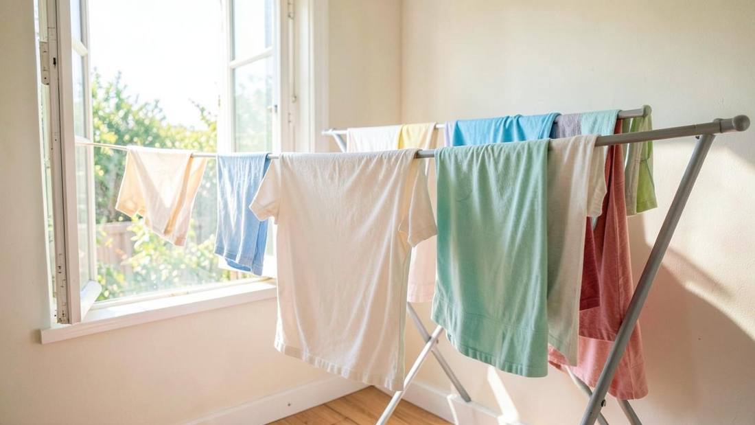 Laundry drying on a rack near an open sunny window with good airflow dries faster and stays fresh.